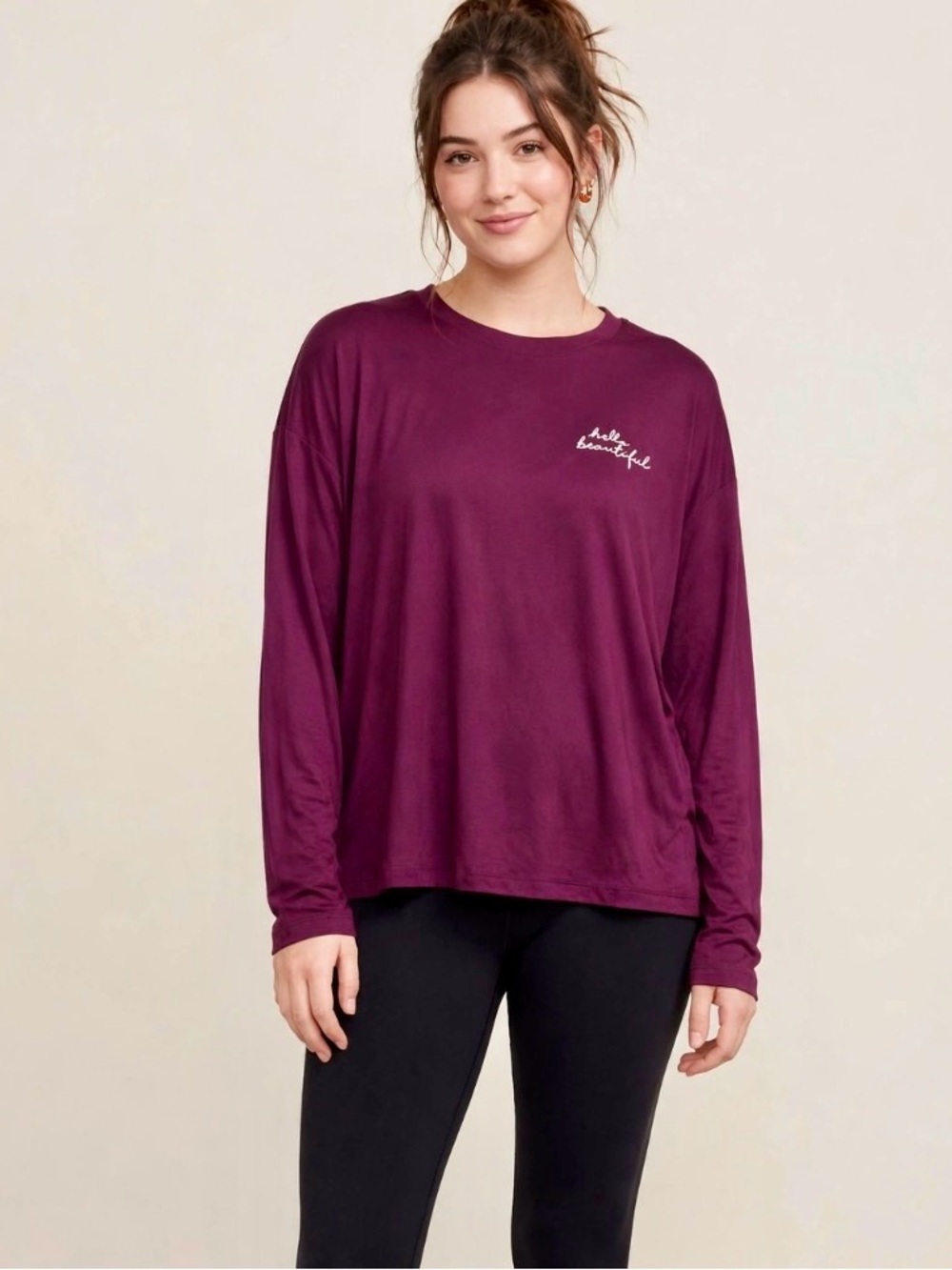 Joyspun Dreamy Soft Collection 2XL 18W-20w Long Sleeve Crewneck Top in Plum
